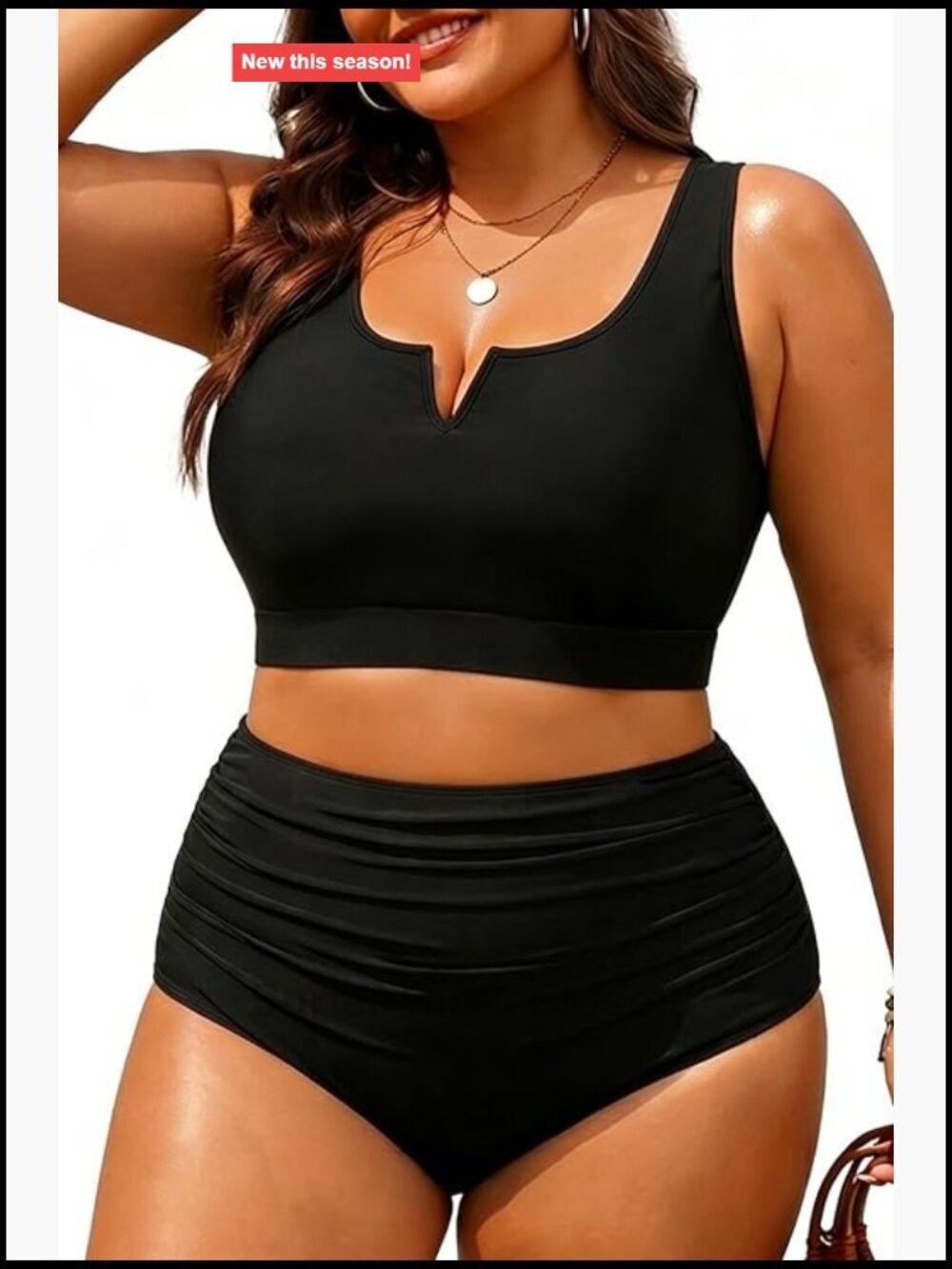 Plus Size High Waisted Bikini Swimsuit with V-Wired Tummy Control Two Piece